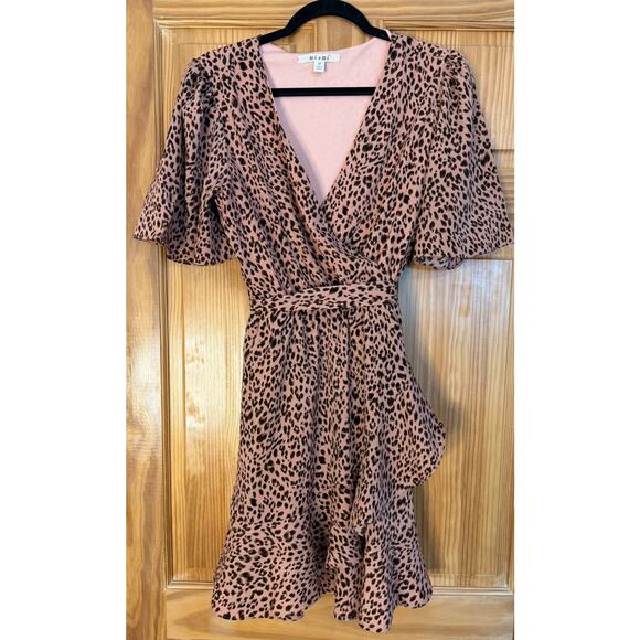 Mi Ami Dress Size MED Animal Print Tie Waist Flirty Cute Short Sleeves - Picture 1 of 7